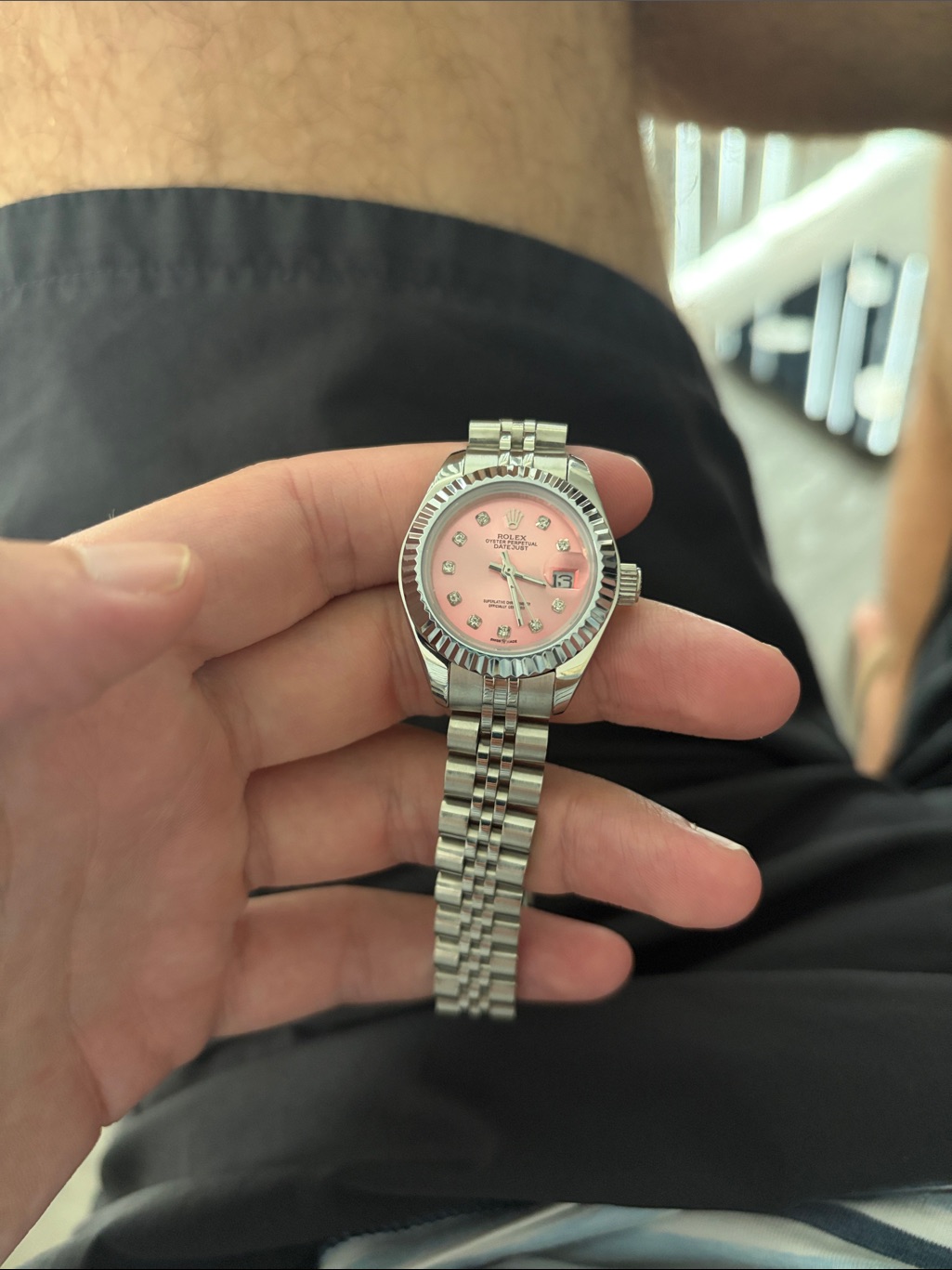 rolex stainless steel ladies watch with pink dial